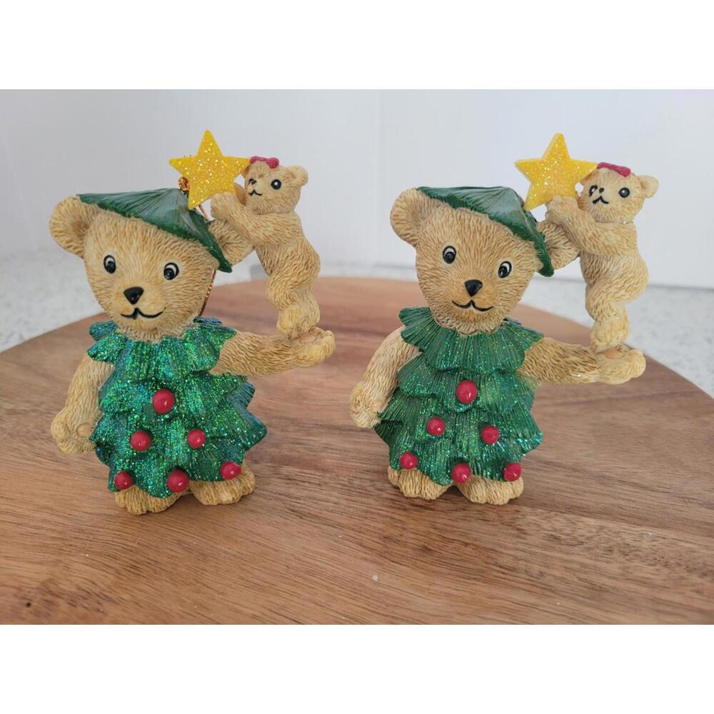 Pair Of Claire's Vintage 1997 Christmas Tree Bear Mama And Baby Xmas Ornaments